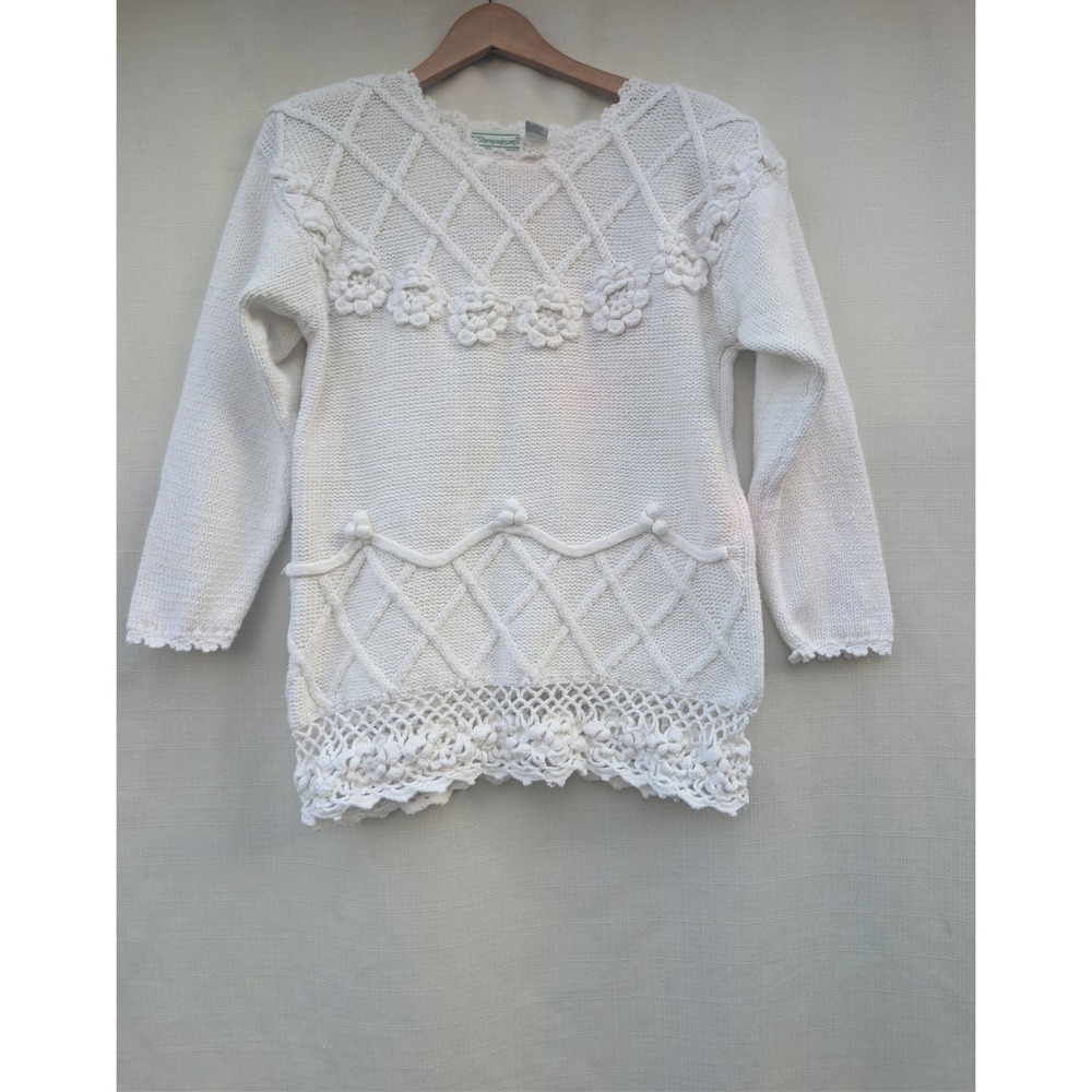 Shenanigans 3D Floral Sweater Womens S White Ramie Cotton Crochet Cottagecore